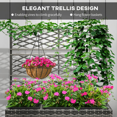Outsunny 33L Garden PE Rattan Planter with Trellis, Free Standing Flower Raised Bed for Garden, Garden Planter for Climbing Plants, 84cm x 30cm x 107cm, Light Grey 