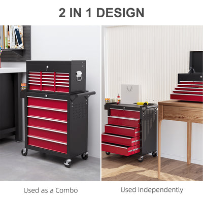 HOMCOM 19 Drawer, Two-Part Tool Storage Chest on Wheels - Red 