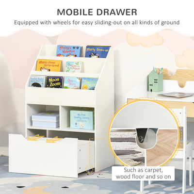 HOMCOM Kids Bookshelf, Toy Organiser, with Storage Drawer, Wheels - White 