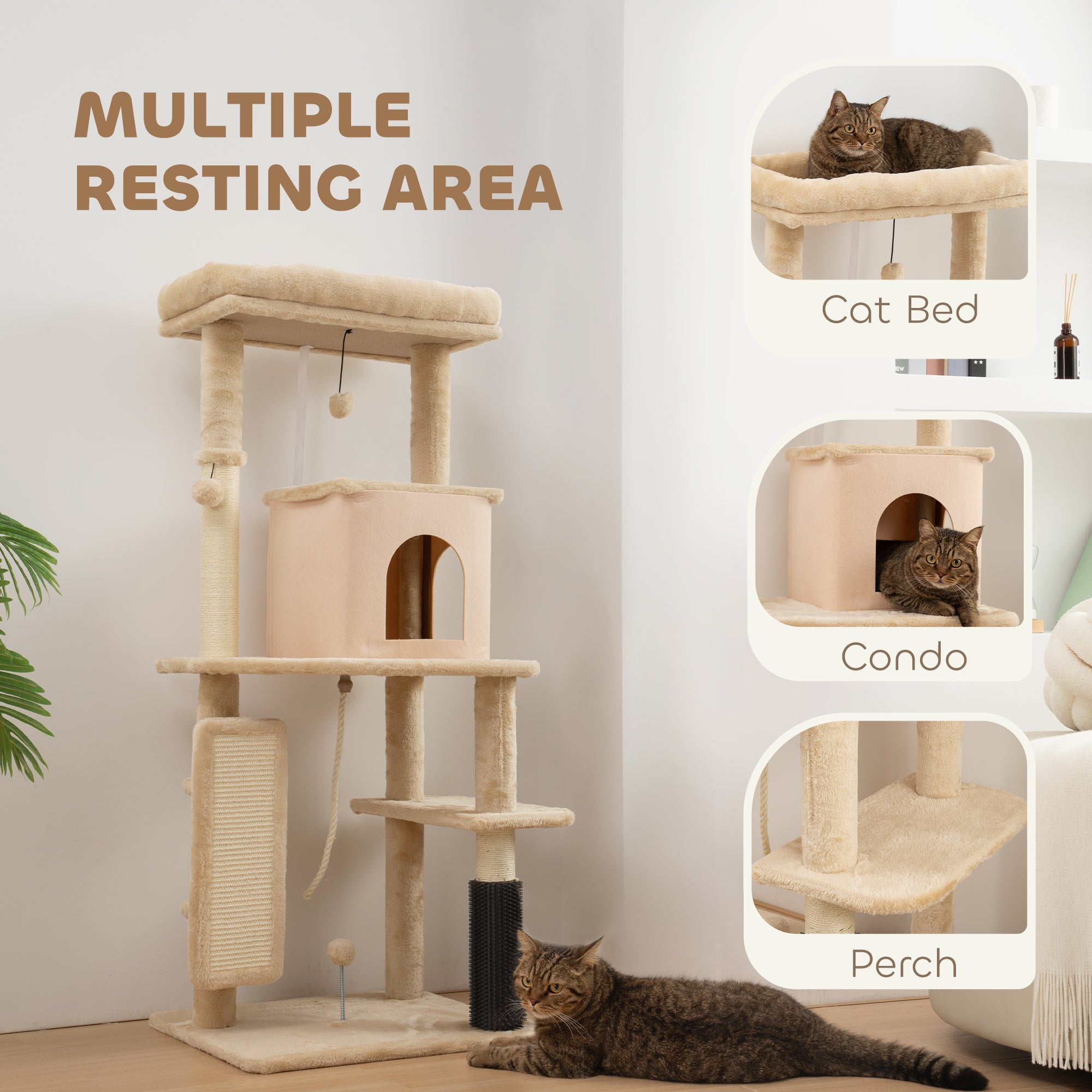 PawHut 132cm Cat Tree w/ Scratching Posts, Pad, Cat Bed, Cat House, Jumping Platform, Grooming Brush, Anti-Tip Kit, Beige 