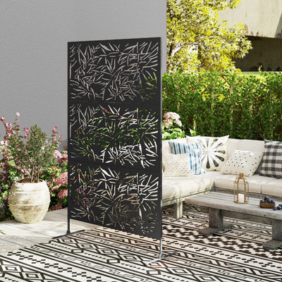 Outsunny Decorative Garden Privacy Screen with Stand, 6.5FT Freestanding Metal Outdoor Divider, Decorative Privacy Panel with Expansion Screws for Garden Pool Hot Tub, Bamboo Style, Black 
