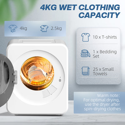 HOMCOM 4 kg Vented Tumble Dryer, 800W Compact Freestanding Front Tumble Dryer with Stainless Steel Tub and Customisable Timer, Wall-Mounted Portable Small Clothes Drying Machine, White 