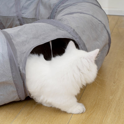 PawHut 2 in 1 Cat Tunnel with Bed, Cat Play Tunnel with Ball & Peek Hole for Indoor Cats, Grey 