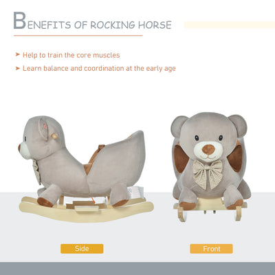 HOMCOM Kids Children Rocking Horse Plush Ride On Bear Seat w/ Sound Wood Base Seat Safety Belt Toddler Baby Toy for 18-36 Months Grey 