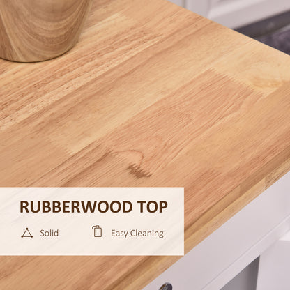 HOMCOM Kitchen Storage Trolley Cart Rolling Wheels Shelves Cupboard W/ Drawer And Towel Rail Rubber Wood Worktop White 