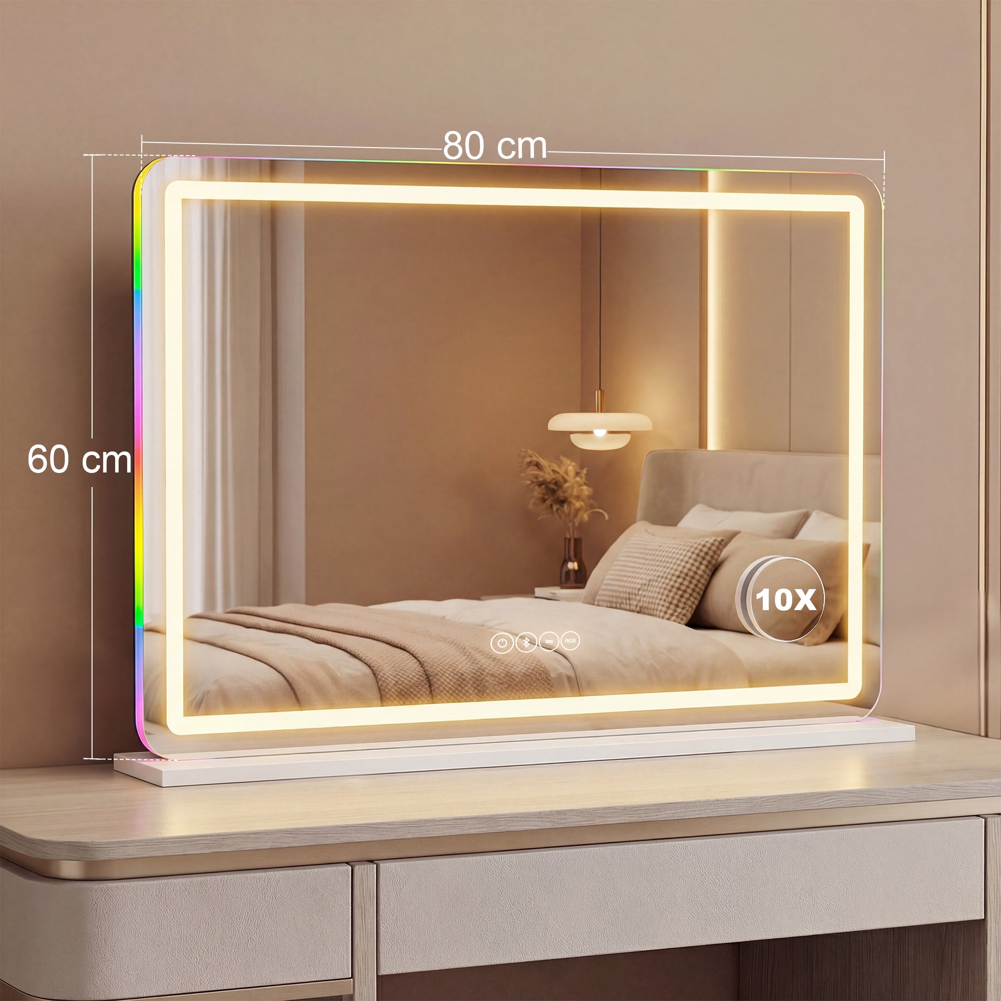 HOMCOM Vanity Mirror with Lights, Dimmable Makeup Mirror with Adjustable Colour Temperature, RGB Light, Bluetooth Speaker White 