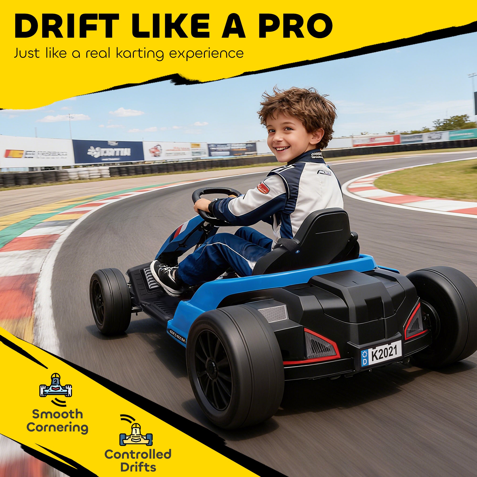 AIYAPLAY 24V Electric Go Kart, Drift Kart with Adjustable Seat, Slow Start, 5-Point Harness, Music, Horn, for 6-12 Years, Blue 