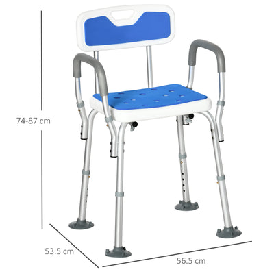 HOMCOM EVA Padded Shower Chair for the Elderly and Disabled, Height Adjustable Shower Stool with Back and Arms, 4 Suction Foot Pads, Blue 