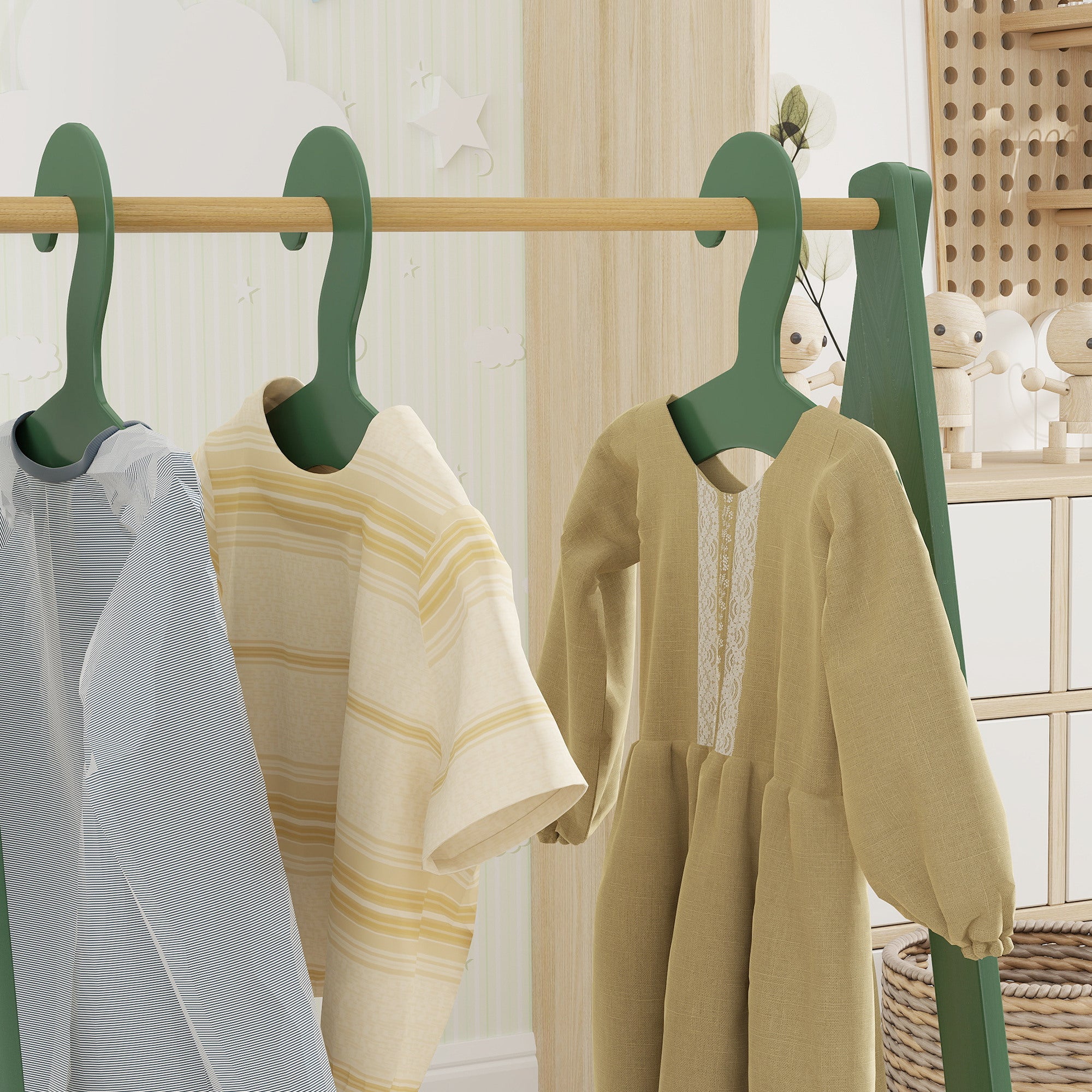 AIYAPLAY Kids Clothes Rail with 3Hangers, Bottom Storage Shelf for Girls, Boys, Nursery, Bedroom, Green 