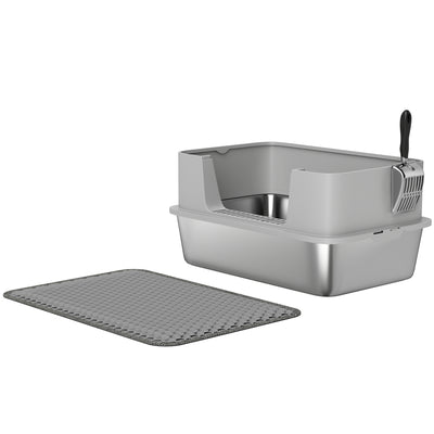 PawHut High Sided Stainless Steel Litter Box, Metal Cat Litter Tray with Metal Scoop, Litter Mat, Never Absorbs Odors, Grey 