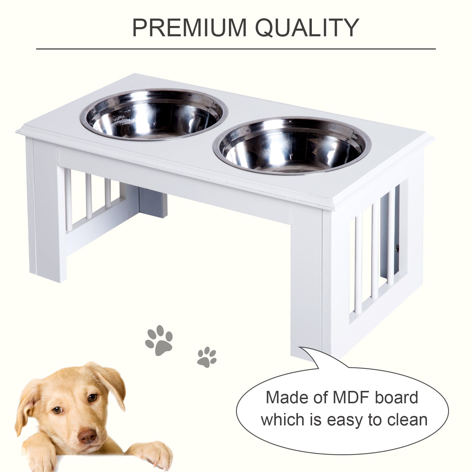 PawHut Raised Dog Feeding Bowls with Stand, Stainless Steel for Medium Dog, 58L x 31W x 25H cm - White 