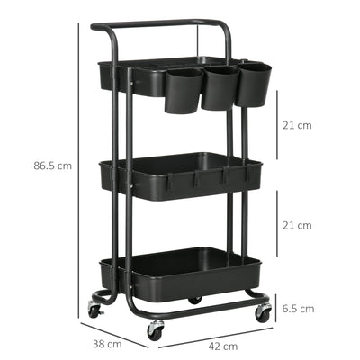 HOMCOM Three-Tier Home Trolley, with Handle and Wheels - Black 