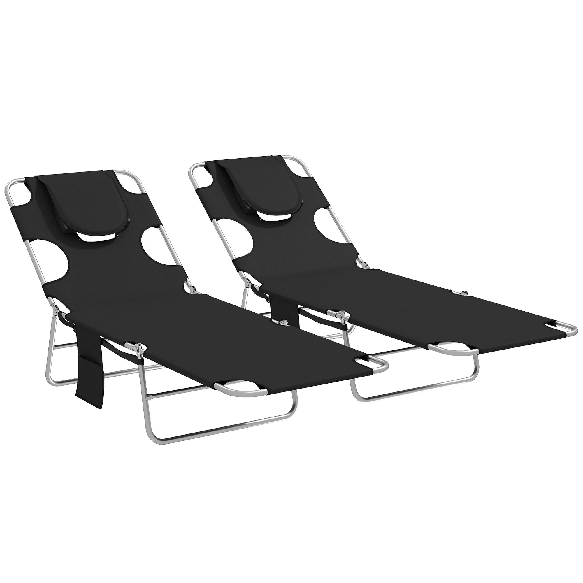 Outsunny 5-Position Adjustable Sun Loungers Set of 2 with Reading Hole and Side Pocket, Black 