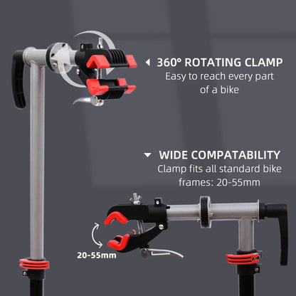 HOMCOM Bike Repair Stand Workstation, Bicycle Maintenance Workstand, Height Adjustable, with Tool Tray & 360° Rotating Adjustable Clamp for Home Mechanic Workshop 