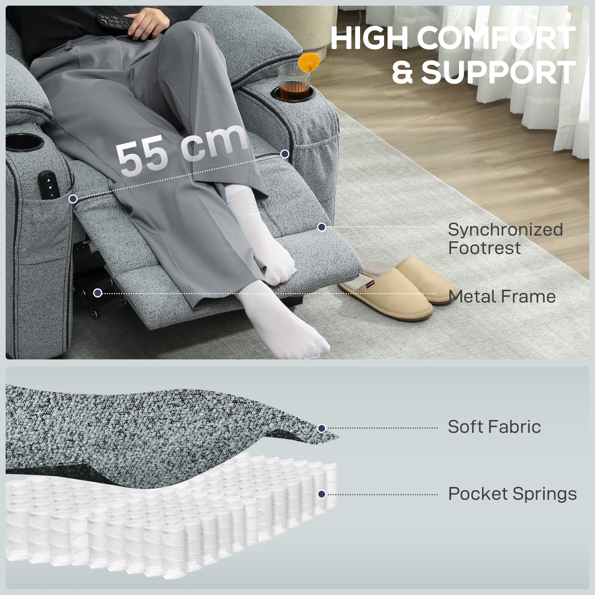 HOMCOM Electric Massage Recliner Armchair with Vibration, Heat, Whisper-Quiet Motor, Memory Function, Velvet Power Reclining Chair with Spring Pack, USB Port, Footrest, Side Pocket, Cup Holders, Grey 