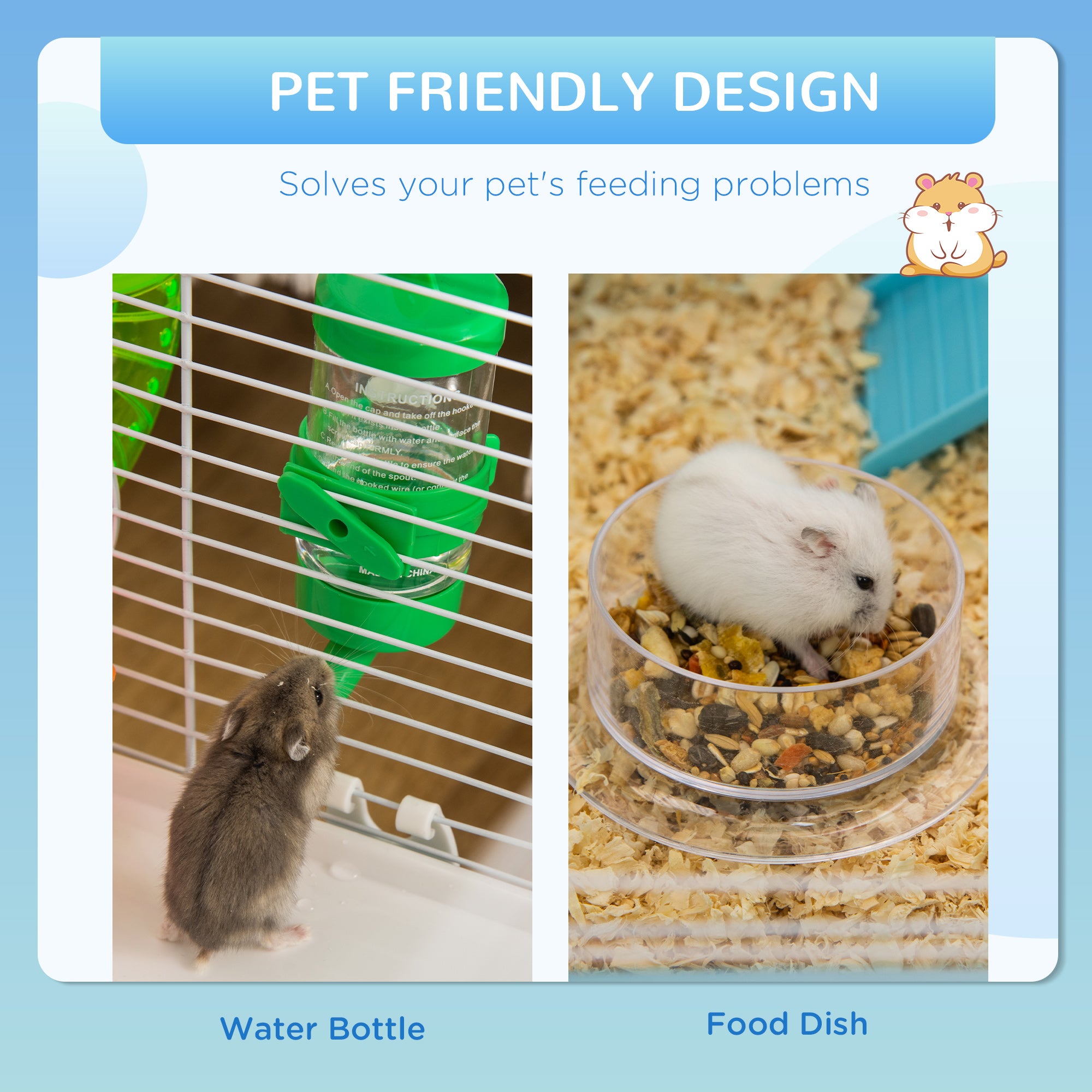 PawHut Hamster Cage, Gerbil Cage 3 Tier for Dwarf Hamster with Tube, Exercise Wheel, Water Bottle, Food Dish 59 x 36 x 47 cm- Blue 