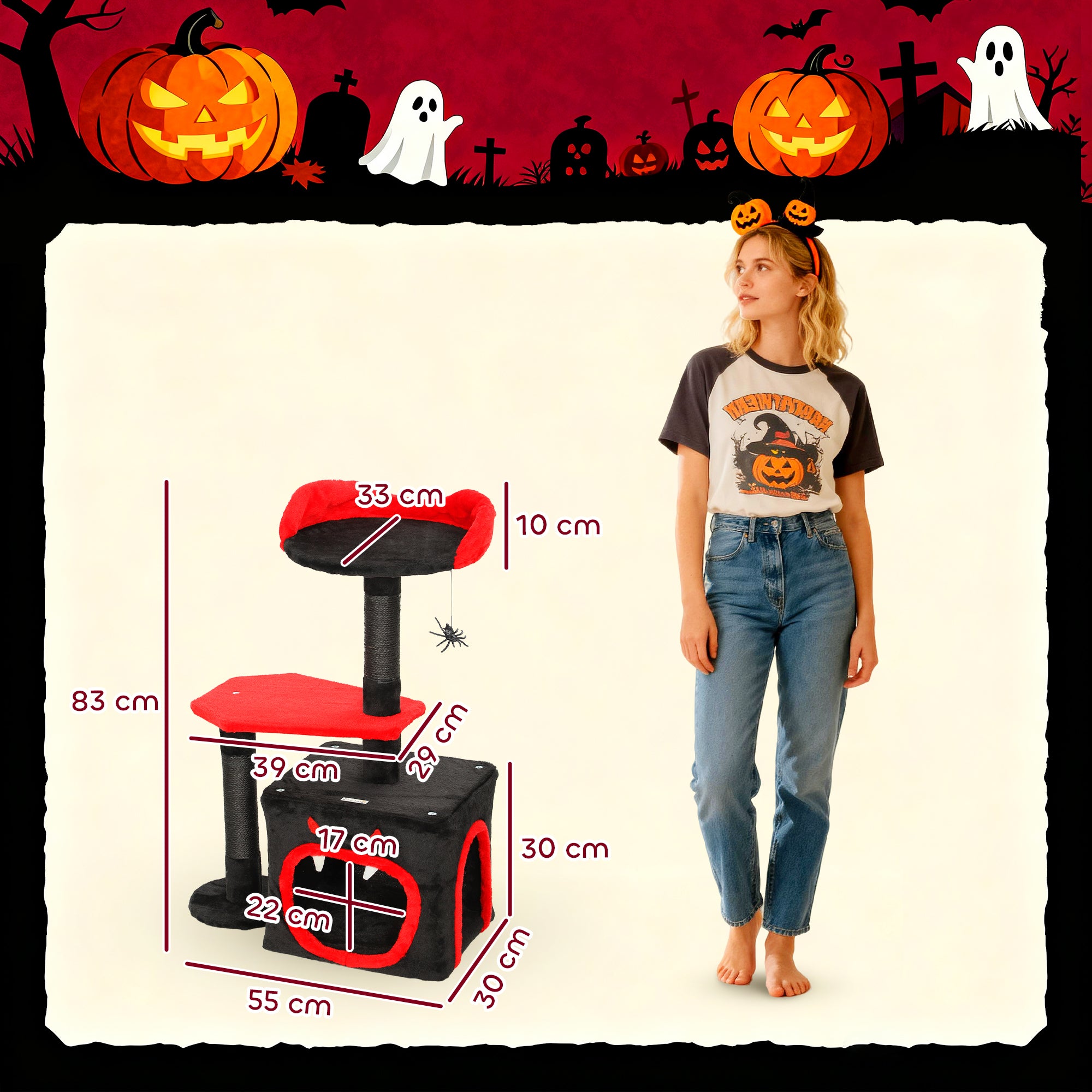 PawHut Cat Tree, Gothic Cat Tower with Scratching Posts, Cute Condo, Coffin Platform, Bed and Spider Toy, Halloween 