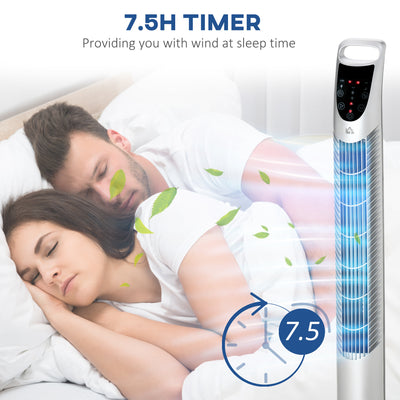 HOMCOM 36'' Freestanding Tower Fan, 3 Speed 3 Mode, 7.5h Timer, 70 Degree Oscillation, LED Panel, 5M Remote Controller, Silver 
