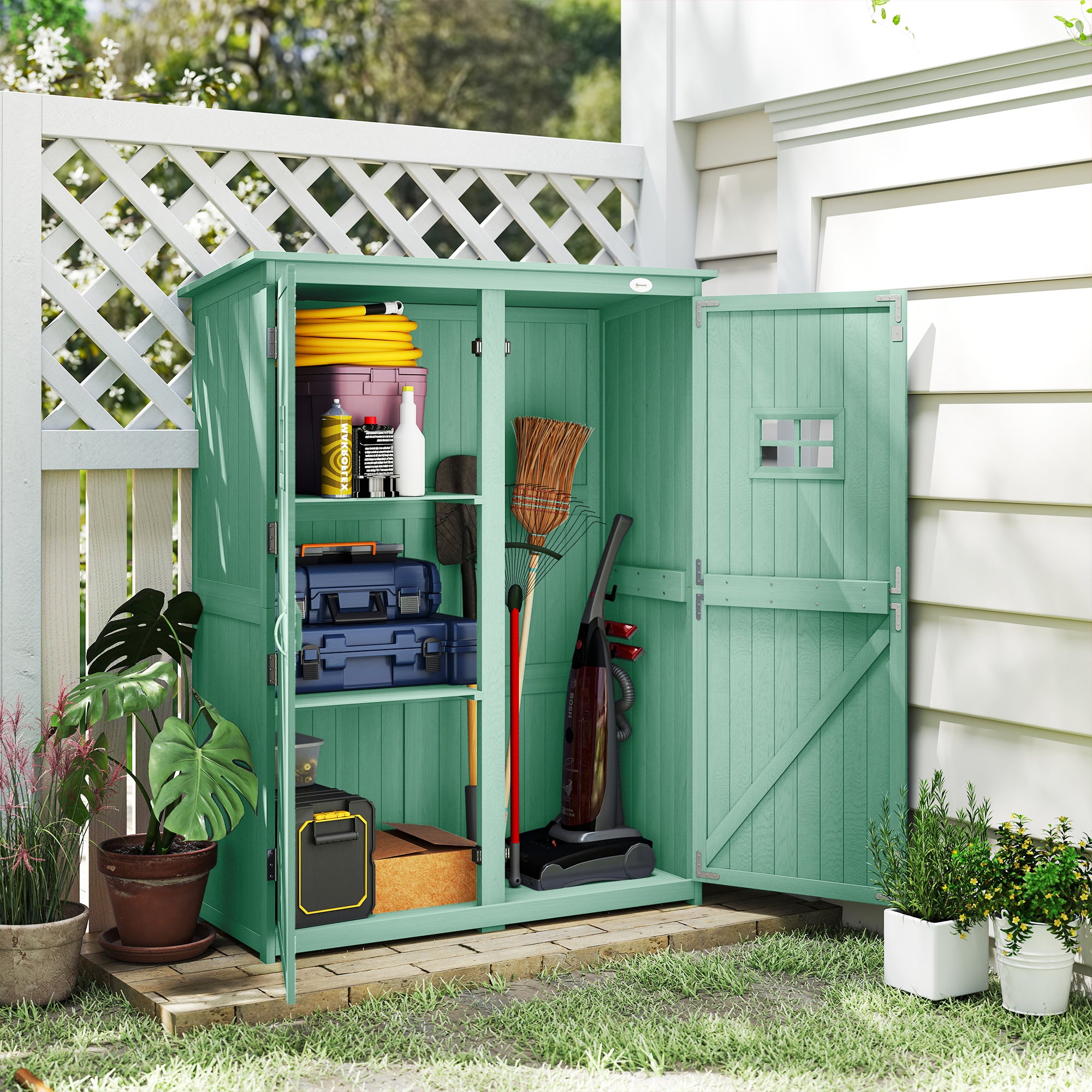 Outsunny Wooden Garden Shed with Two Windows, Tool Storage Cabinet, Outdoor Double Door organiser 127.5L x 50W x 164H cm, Green 