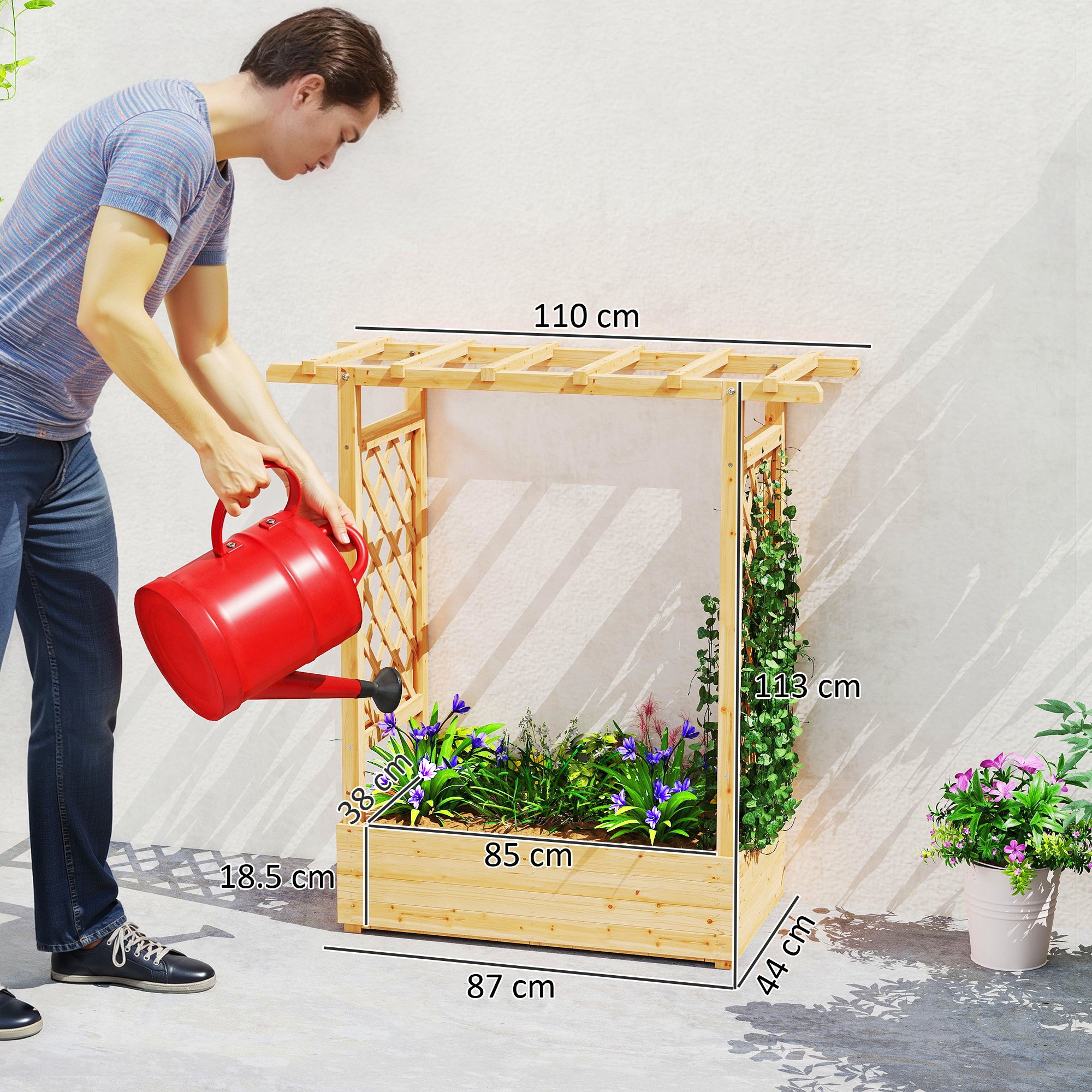 Outsunny Garden Planter with Trellis, Wooden Raised Bed for Garden with Hanging Roof and Drainage Holes, Outdoor Trellis Planter Box for Vegetables, Herbs and Flowers, 110 x 44 x 113 cm, Natural 