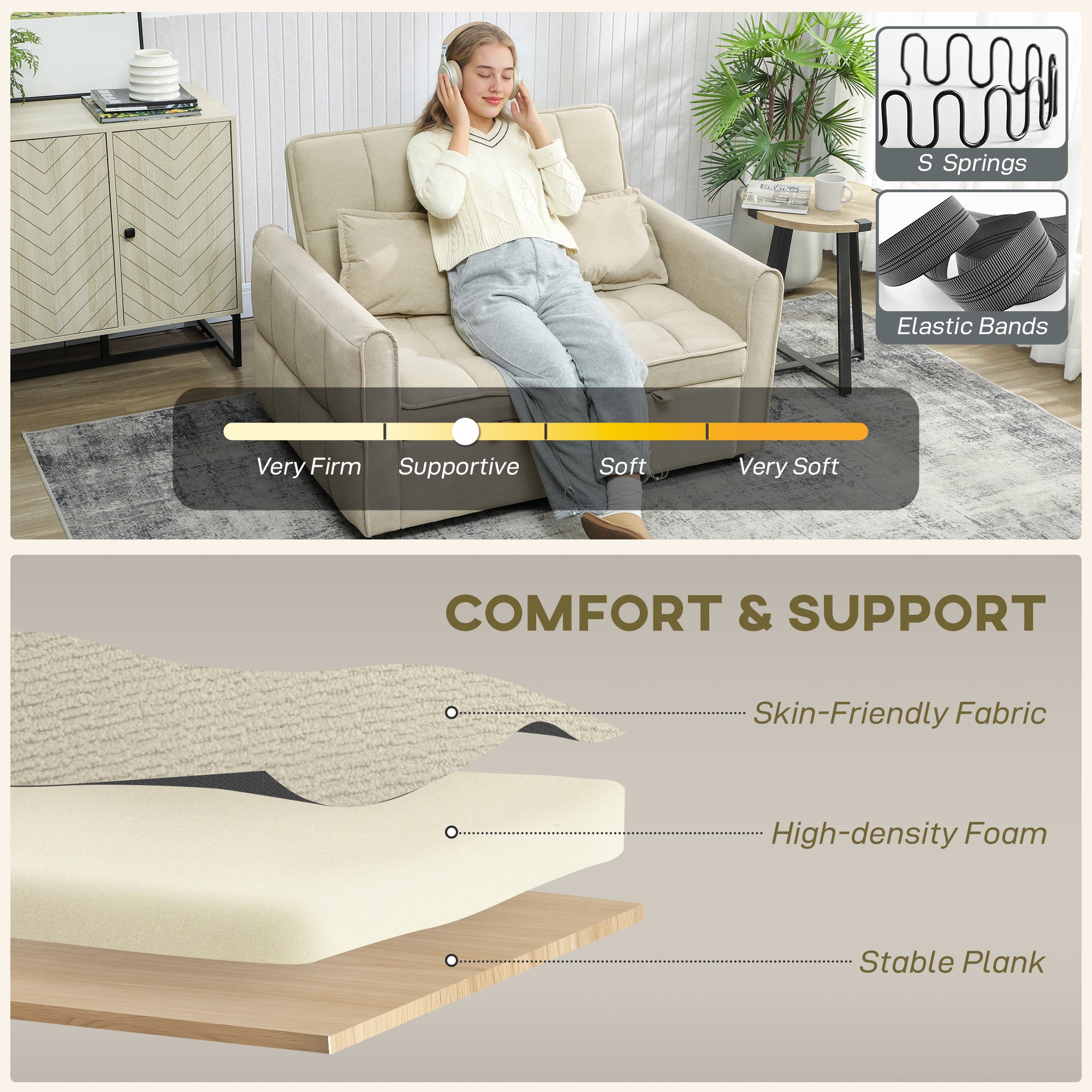 HOMCOM 2 Seater Sofa Bed, 3-in-1 Convertible Sleeper Sofa with Click-clack Adjustable Backrest and 2 Pillows, Light Brown 