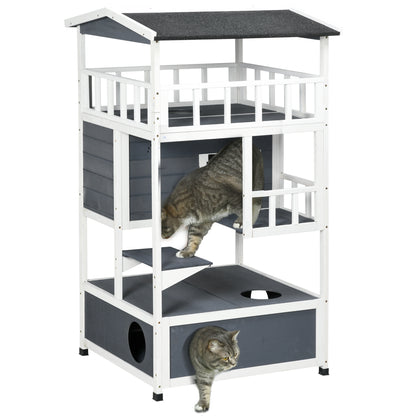 PawHut Wooden Outdoor Cat House 3-Tier for Winter Kitten Shelter Lodge w/ Tilted Roof Terrace Jump Step Bottom Tray Elevated Base Waterproof Paint Grey 