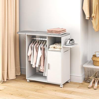 HOMCOM Rolling Ironing Board Cabinet, Foldable Ironing Station with Storage, Wheels for Home, Laundry Room, White 