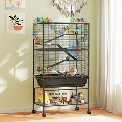 PawHut 5 Tier Large Hamster Cage on Wheels with 17 cm Deep Tray, Storage Shelf for Syrian, Gerbil, Rats 