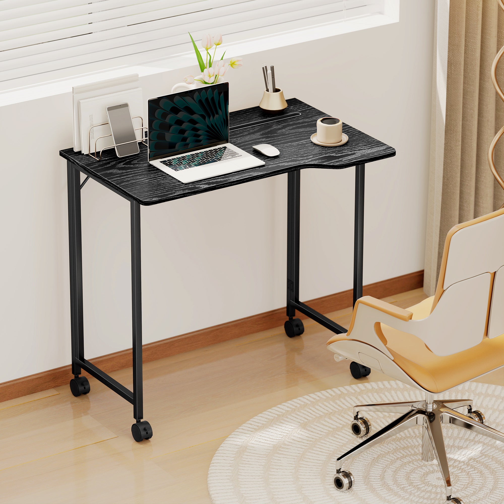HOMCOM Folding Small Desk on Wheels - Black Wood Effect 