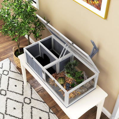 PawHut Wooden Tortoise House with Lamp Holder, Clear Observation Window, Openable Tops, Built-in Tray, Light Grey 