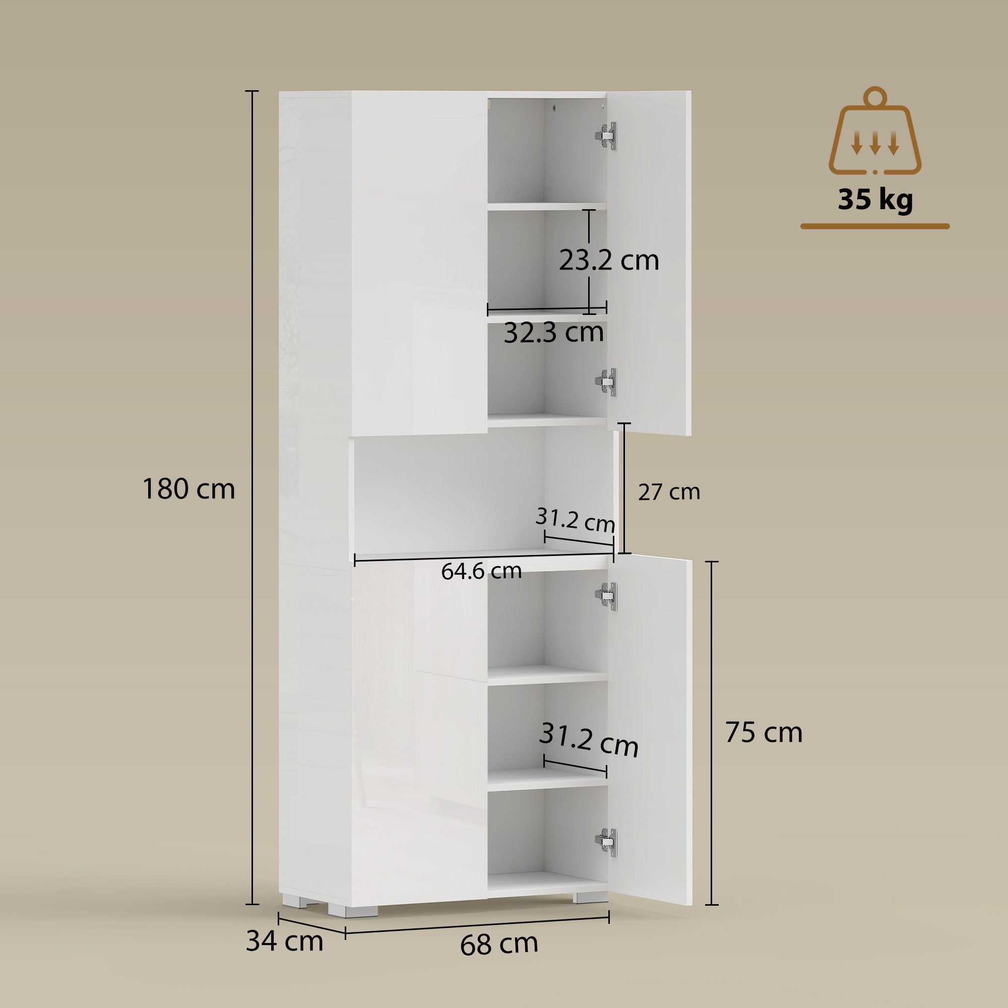 HOMCOM 180 cm Tall Kitchen Cupboard, Pantry Storage Cabinet with Soft Close Doors and Adjustable Shelves, High Gloss White 