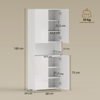 HOMCOM 180 cm Tall Kitchen Cupboard, Pantry Storage Cabinet with Soft Close Doors and Adjustable Shelves, High Gloss White 