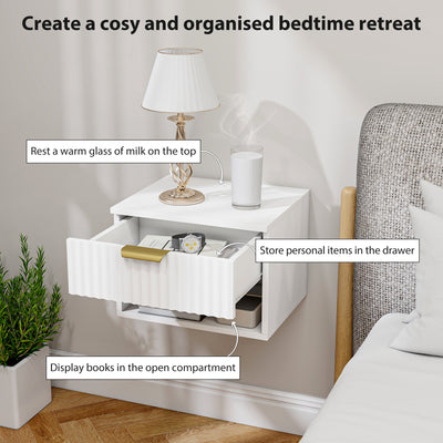 HOMCOM Floating Nightstands Set of 2, Modern Wall Mounted Bedside Tables with Fluted Drawer and Open Shelf for Bedroom, White 