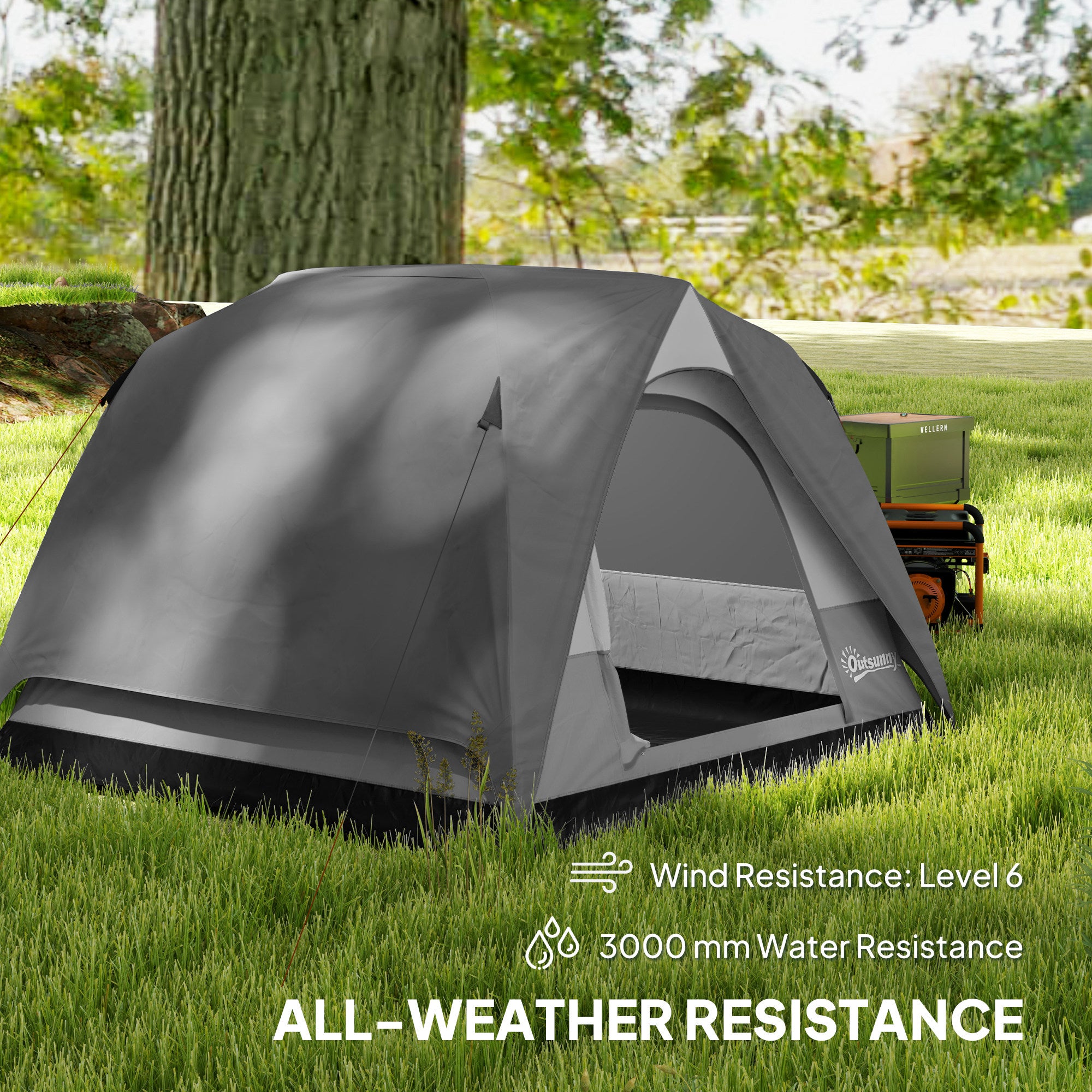 Outsunny 3-4 Person Camping Tent, Easy Set Up 3-4 Man Tent w/ Sewn-in Groundsheet, Waterproof Dome Tent w/ Mesh Windows, Grey 