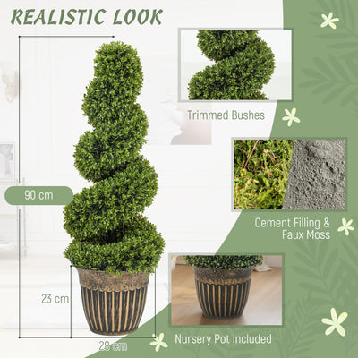 HOMCOM Set of 2 Artificial Plants, Topiary Spiral Boxwood Trees with Pot, for Home Indoor Outdoor Decor, 90cm 