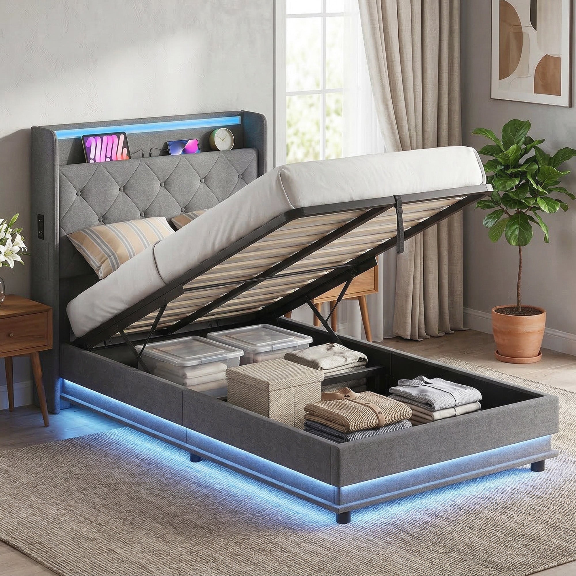 HOMCOM 3ft Single Bed Frame with Headboard, Platform Bed Frame with Hydraulic Storage, LED Lights and Charging Station, Grey 