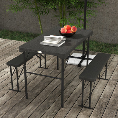 Outsunny Folding Picnic Table with 2 Benches, 3-Piece Portable Garden Furniture Set for 4, Dining Table Set with Plastic Top, Steel Frame, Dark Grey 