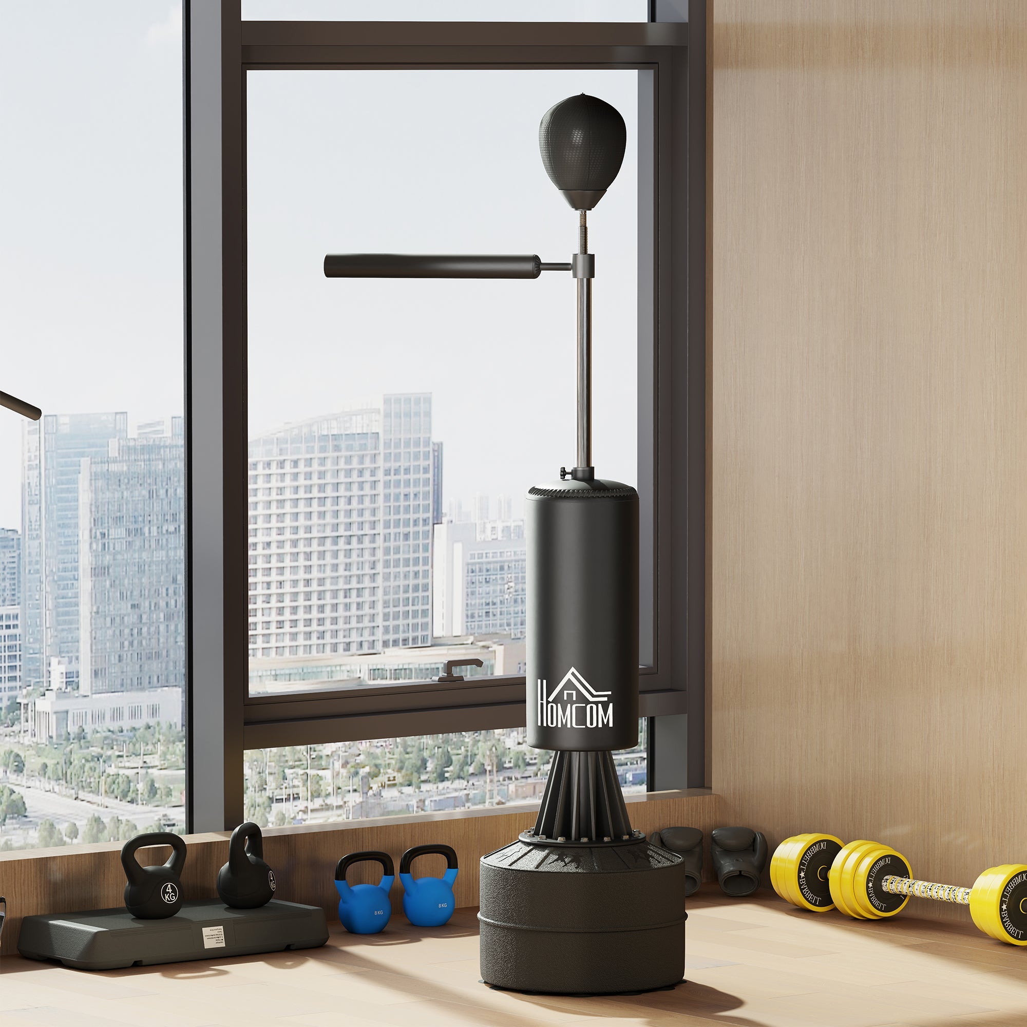 HOMCOM 155-205cm 3-IN-1 Freestanding Boxing Punching Bag Stand, Boxing Speed Trainer with Rotating Flexible Arm, Speed Ball, Fillable Base, Black 