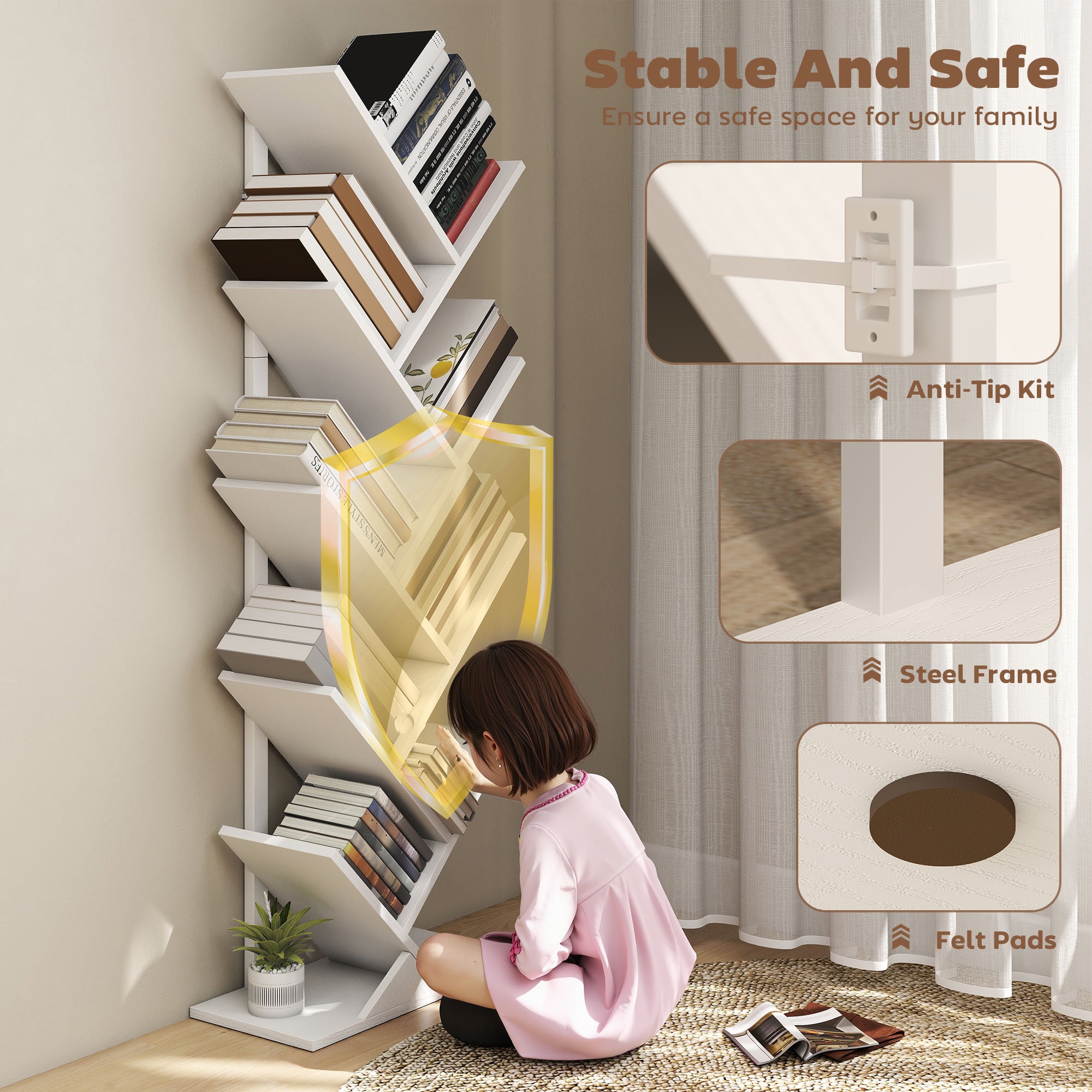 HOMCOM 9-Tier Tree Bookshelf, Industrial Free Standing Bookcase with Steel Frame, Display Storage White 