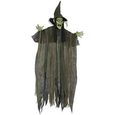 Outsunny 170 cm Life Size Hanging Halloween Animated Witch with Glowing LED Eyes, Spooky Witch Scary Halloween Decorations, Battery Operated, Indoor Party Props 
