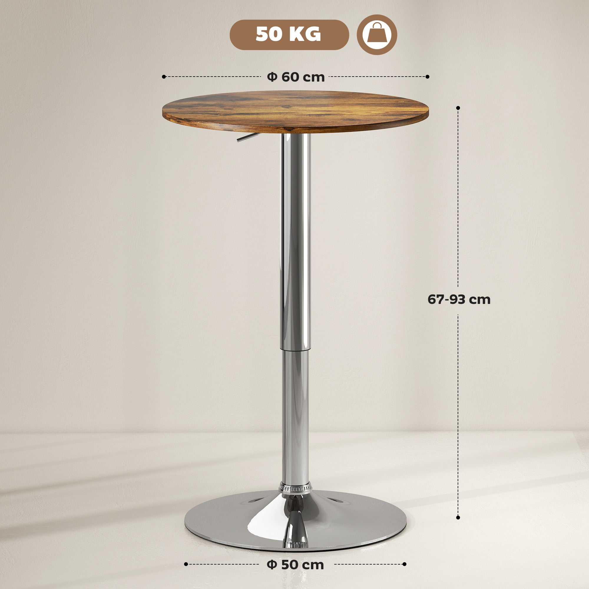 HOMCOM Round Bar Table, 360 Degree Swivel Counter Pub Table with Adjustable Height, for Kitchen, Cafe, Rustic Brown 