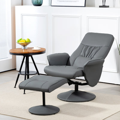 HOMCOM Swivel Recliner Chair with Footstool, PU Leather Armchair and Ottoman with High Back and Round Base for Living Room, Grey 
