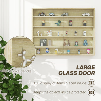 HOMCOM 5-Tier Wall Display Shelf Unit Cabinet w/ 4 Adjustable Shelves Glass Doors Home Office Ornaments 60x80cm Oak 