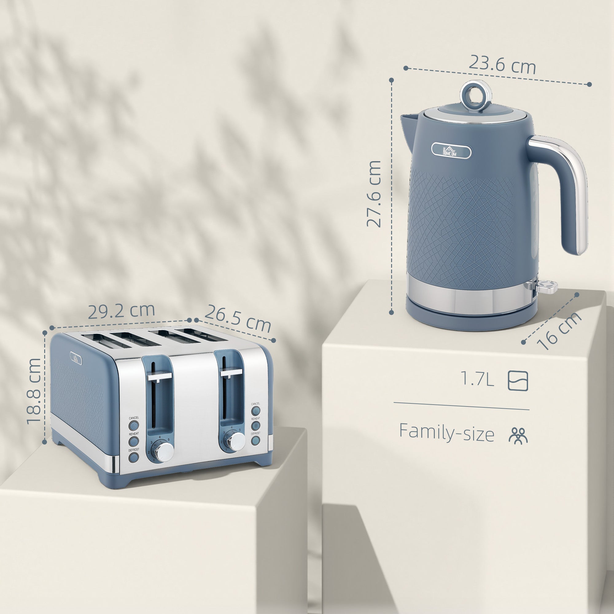 HOMCOM Sleek Textured Kettle and Four-Slice Toaster Set - Blue 