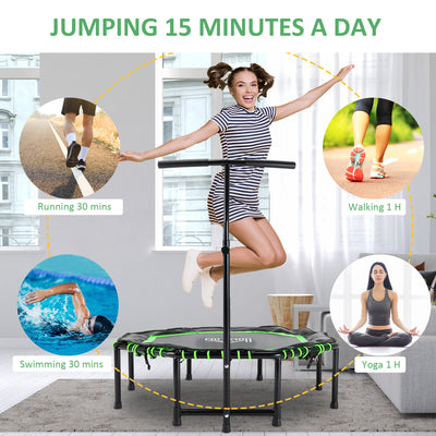 HOMCOM 48" Octagonal Mini Fitness Rebounder Trampoline Indoor Outdoor Foldable Mini Jumper with Adjustable Handle, Green 