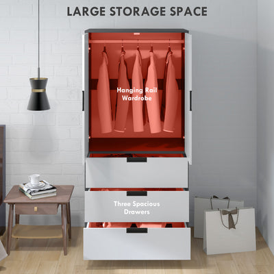 HOMCOM 2 Door Wardrobe, Modern Wardrobe with 3 Drawers and Hanging Rod for Bedroom, Grey 