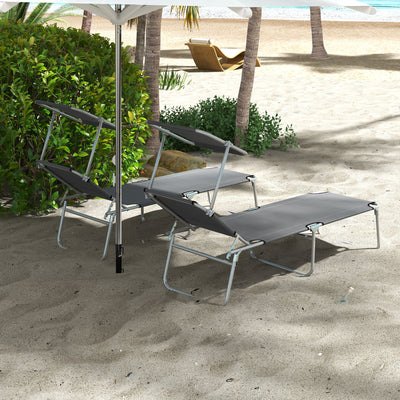 Outsunny Outdoor Foldable Sun Lounger Set of 2, 4 Level Adjustable Backrest Reclining Sun Lounger Chair with Angle Adjust Sun Shade Awning for Beach, Garden, Patio, Grey 