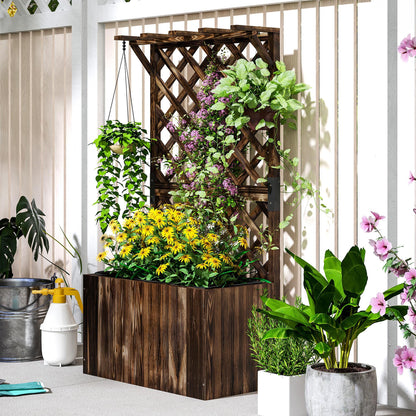 Outsunny Wooden Planter with Trellis, Freestanding Raised Garden Bed with Drainage Holes, Outdoor Planter Box with Liner for Vegetables, Herbs and Flowers, Carbonised 