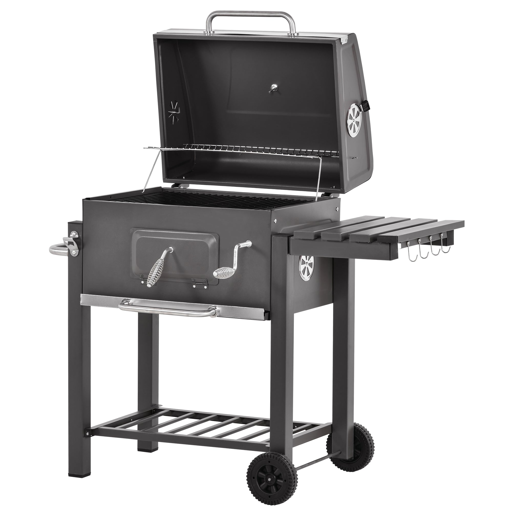 Outsunny Charcoal Grill BBQ Trolley with Adjustable Charcoal Grate, Garden Metal Smoker Barbecue with Shelf, Side Table, Wheels, Built-in Thermometer, Bottle Opener 