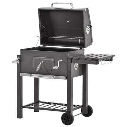 Outsunny Charcoal Grill BBQ Trolley with Adjustable Charcoal Grate, Garden Metal Smoker Barbecue with Shelf, Side Table, Wheels, Built-in Thermometer, Bottle Opener 